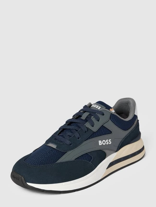 BOSS Sneaker Aus Leder-Mix Mit Label-Details Modell 'Kurt' - Marineblau 1 BOSS Sneaker Aus Leder-Mix Mit Label-Details Modell 'Kurt' - Marineblau